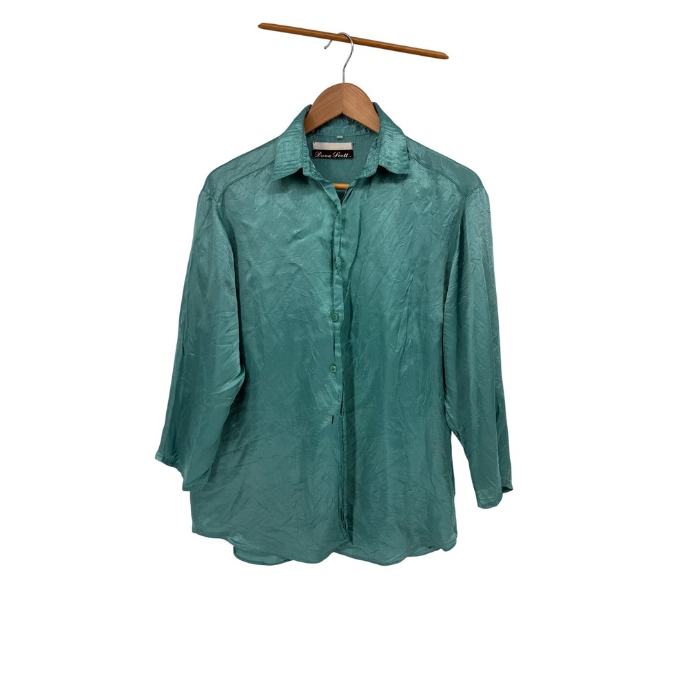 Dana Scott Vintage‎ Teal Acetate Crinkle Button Down Shirt Blouse Size 38